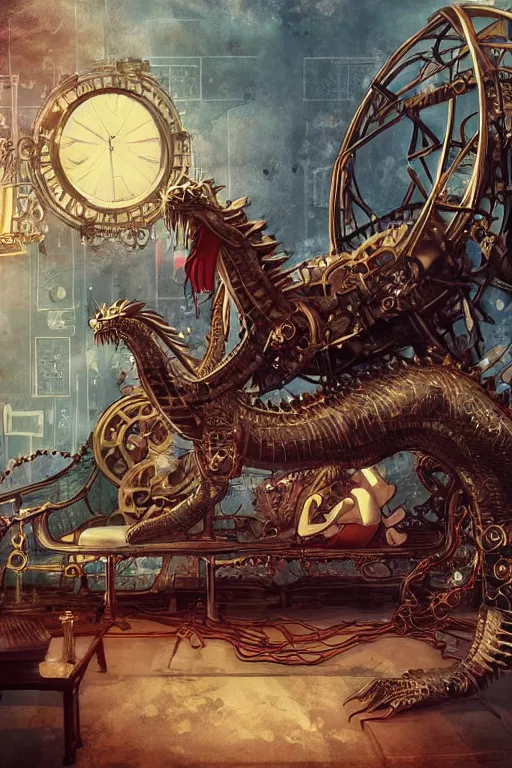 Image similar to anime style illustration, old sick gold and crimsoned scaled asian dragon on a steam punk couch with wires and gears and steam punk apparatus, artstation, matte painting, style of studio ghibli, featured in artstation and artgerm and pixiv, award winning, cinematic, elegant, intricate, 8 k