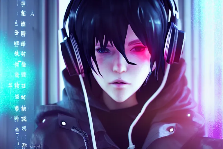 Image similar to a girl with headphones is looking at a rainy window in the style of a code vein character creation, cyberpunk art by Yuumei, cg society contest winner, rayonism light effects and bokeh, daz3d, vaporwave, deviantart hd , the secret world