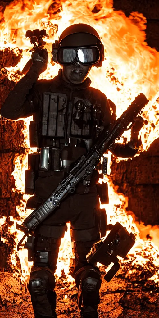 Prompt: portrait of a burning swat agent with a tactical helmet and goggles holding a machine gun, flames, at night, mid shot, editorial photography