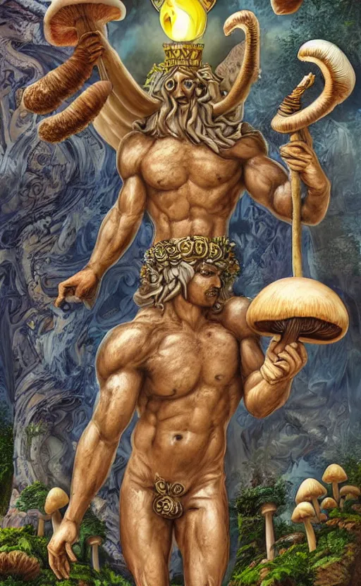 Prompt: a masterpiece hyperdetailed dnd tarot card, magnificent shrigma the mushroom deity as depicted in a colossal greek marble statue ( with godlike bodybuilder physique ), hd tarot card depicting monumental statue of a mushroom god with cute large mushroom hat, hdr, 8 k, artstationhq, digital art