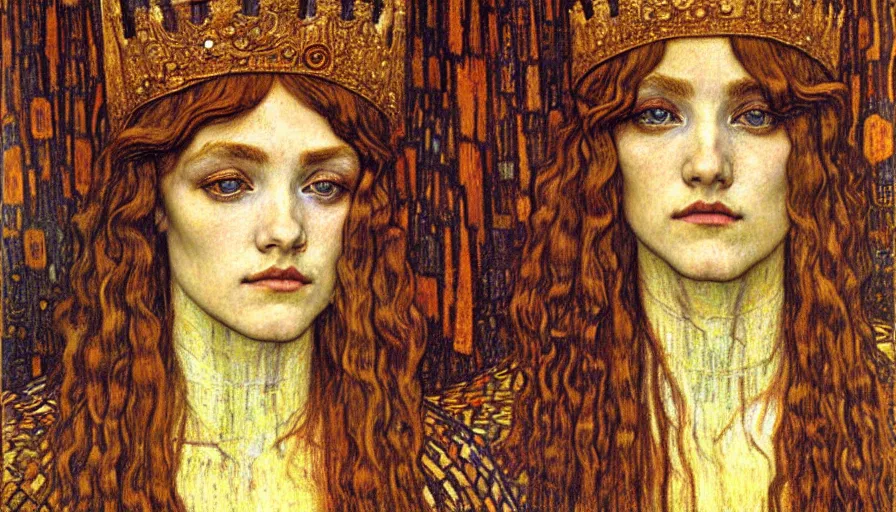 Image similar to detailed realistic beautiful young medieval queen face portrait by jean delville, gustav klimt and vincent van gogh, art nouveau, symbolist, visionary, gothic, pre - raphaelite, muted earthy colors, desaturated