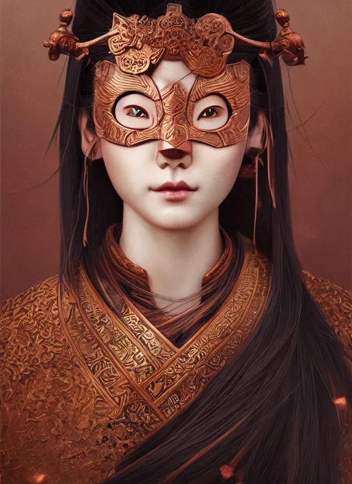 Image similar to a beautiful detailed oil on copper art illustration of a japanese basara mask woman, centered, by charlie bowater, zeng fanzh, trending on artstation, dim dusk lighting, cinematic lighting, detailed lighting, volumetric lighting, realistic, f 8, 4 k hd wallpaper