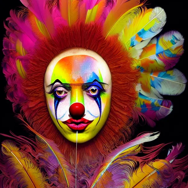 Image similar to face of clown psychedelic transcendent feather mind bending psychedelic balloons of glossy liquid honey flowing like kaleidoscopic translucent holograph, lsd feathers, feathery fluff, enlightenment, high contrast dappled lighting, refracted sunset, highly detailed, concept art, art by collier, albert aublet, krenz cushart, artem demura, alphonse mucha