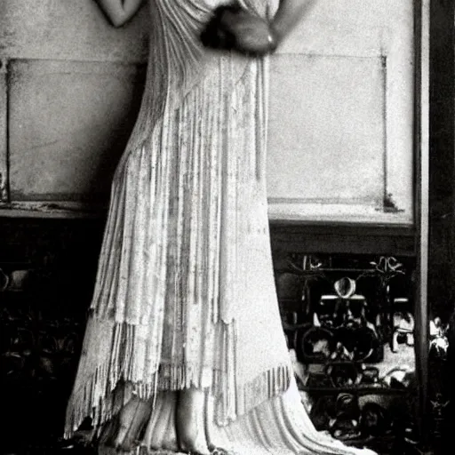 Prompt: a modern flapper in an old fashioned gown. photographed by arthur kales, 1 9 2 3