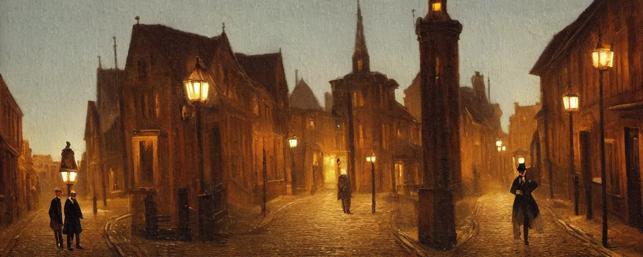 Image similar to oil painting of a Victorian gentleman walking down a cobblestone street, painting , night lot street, oil lamps