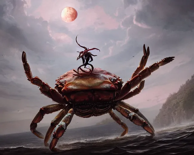 Image similar to 5 5 mm photo of jovanotti riding a giant crab, magical atmosphere. art by greg rutkowski. highly detailed 8 k. intricate. lifelike. soft light. nikon d 8 5 0.
