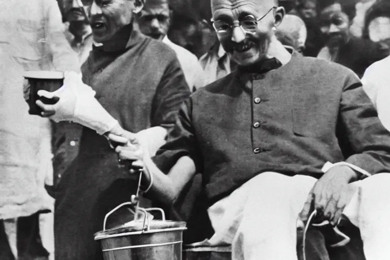 Image similar to candid photograph of ghandi secretly eating a bucket of kfc