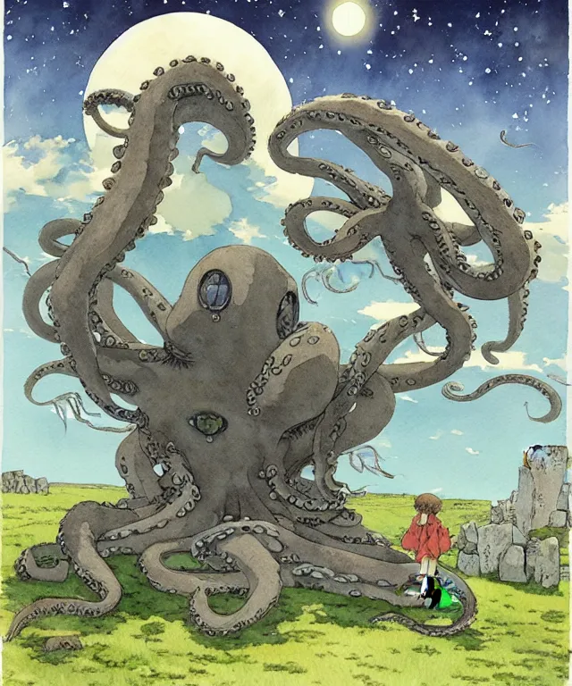 Prompt: a hyperrealist studio ghibli watercolor fantasy concept art. in the foreground is a giant grey octopus lifting and putting stones in to place on top of stonehenge with a starry sky. by rebecca guay, michael kaluta, charles vess