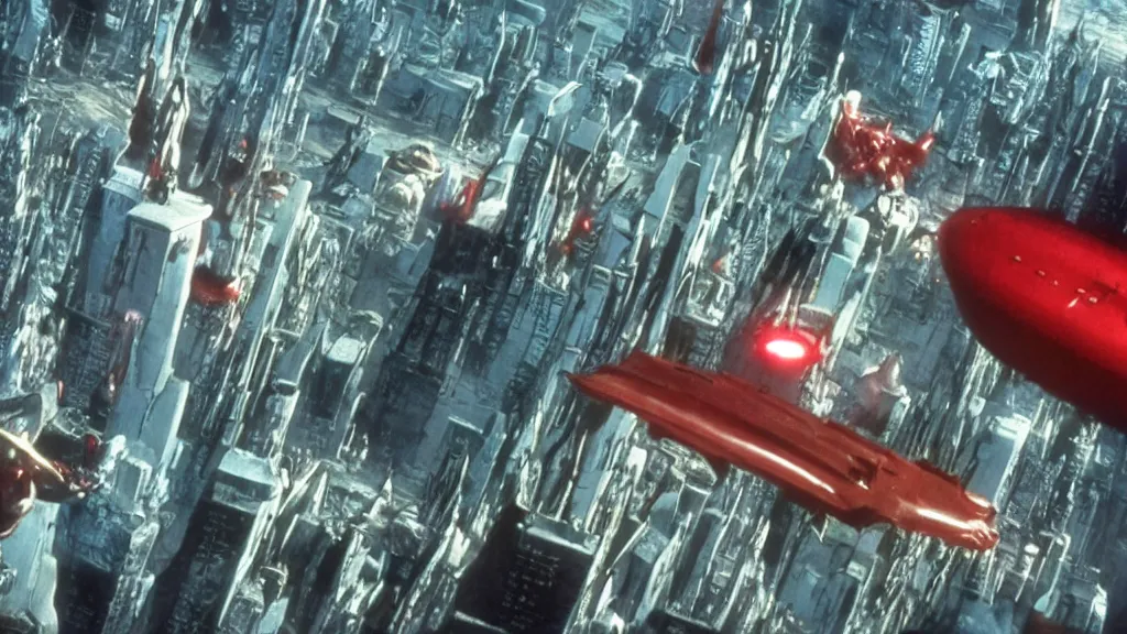 Prompt: a cell shaded cartoon movie still from akira ( 1 9 8 8 ) showing a spaceship from independence day ( 1 9 9 6 ) in the air above a city. very dull muted colors, hd, 4 k, hq