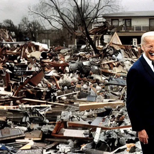Prompt: archival photograph of joe biden standing over destruction and laughing with his hands in the air