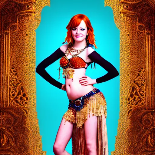 Image similar to a digital portrait of emma stone dressed as a belly dancer, arabian night, high quality, fully detailed, 4 k, in focus face with fine details
