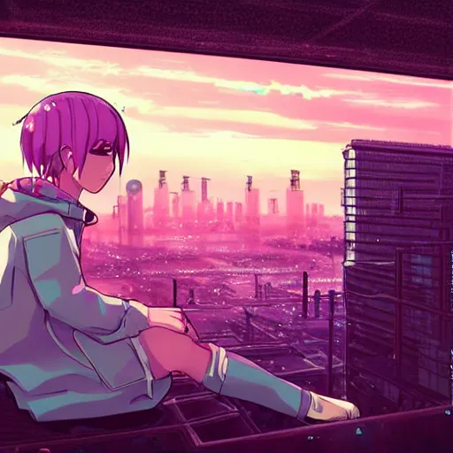 Image similar to android mechanical cyborg anime girl child overlooking overcrowded urban dystopia sitting. Pastel pink clouds baby blue sky. Gigantic future city. Raining. Makoto Shinkai. Wide angle. Distant shot. Purple sunset. Sunset ocean reflection. Pink hair. Pink and white hoodie. Cyberpunk.