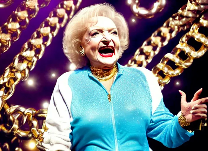 Image similar to publicity photo still of betty white as a gangsta rapper covered in gold chains, with grills in teeth and wearing a jumpsuit live on stage, 8 k, live concert lighting, mid shot