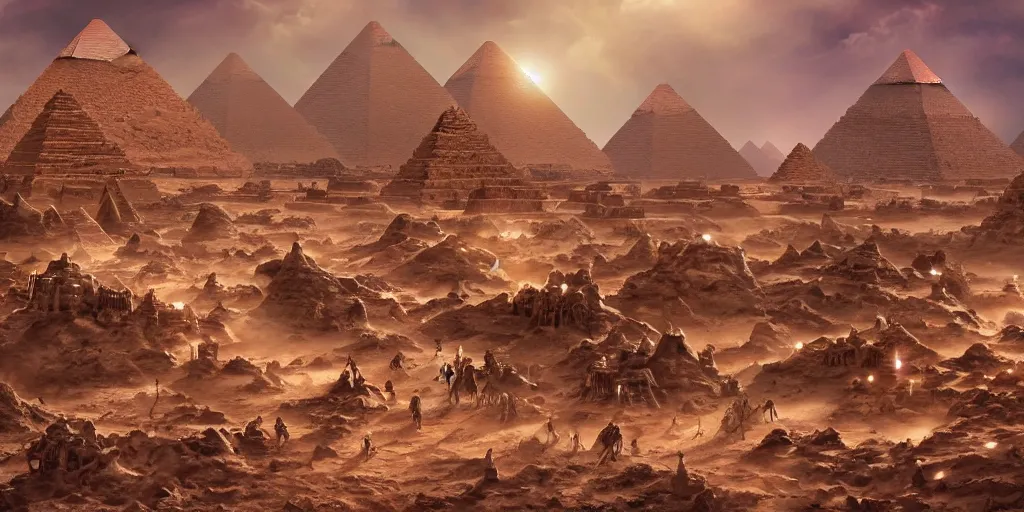 Prompt: giant, massive aliens humanoids building the gizah pyramids, hyper detailed, desert, dramatic lighting,