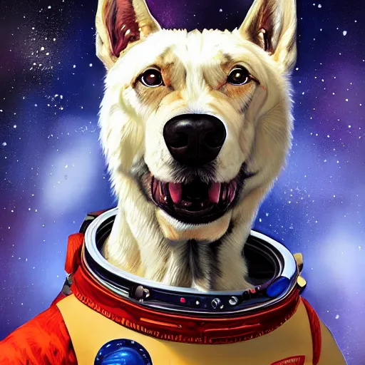 Prompt: very detailed portrait of a majestic dog, dressed in a spacesuit, by dmitry prozorov, loish, and wlop.