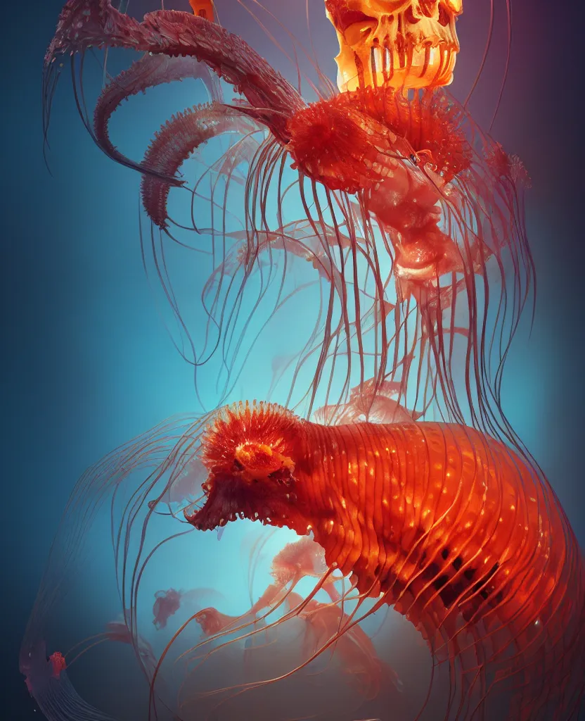 Image similar to human thorax, rib cage, ribs jellyfish phoenix head, nautilus, orchid, skull, betta fish, bioluminiscent creatures, intricate artwork by Tooth Wu and wlop and beeple. octane render, trending on artstation, greg rutkowski very coherent symmetrical artwork. cinematic, hyper realism, high detail, octane render, 8k