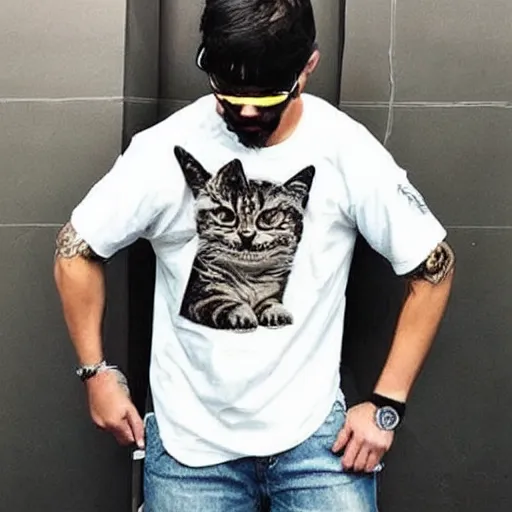 Prompt: badass gangsta with kitten shirt