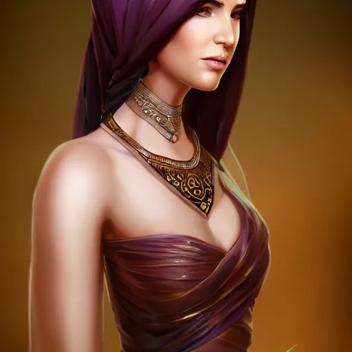 Prompt: a professionally painted portrait of an attractive young woman as a genie, arabian dress, olive skin, long dark hair, beautiful bone structure, symmetrical facial features, intricate, elegant, digital painting, trending on Artstation, concept art, smooth, sharp focus, illustration, award winning