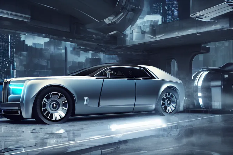 Prompt: Futuristic Rolls Royce Phantom, angular and sharp industrial design, inspired by Cyberpunk 2077 Rayfield, driving across Beverly Hills, futuristic car concept, concept automobile design, telephoto lens, low shot camera angle, cinematic lighting, Octane render, VRay, 3D rendering, Unreal Engine 5