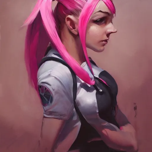 Prompt: greg manchess portrait painting of woman with pink pigtails as overwatch character, medium shot, asymmetrical, profile picture, organic painting, gloomy day, matte painting, bold shapes, hard edges, street art, trending on artstation, by huang guangjian and gil elvgren and sachin teng