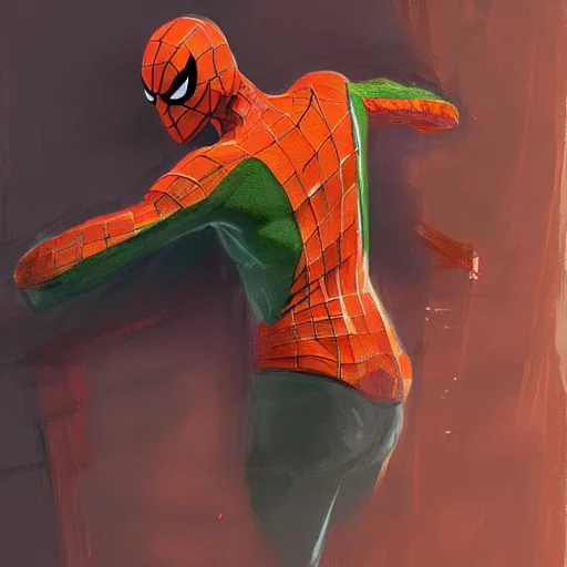 Prompt: an orange and green spiderman by cedric peyravernay