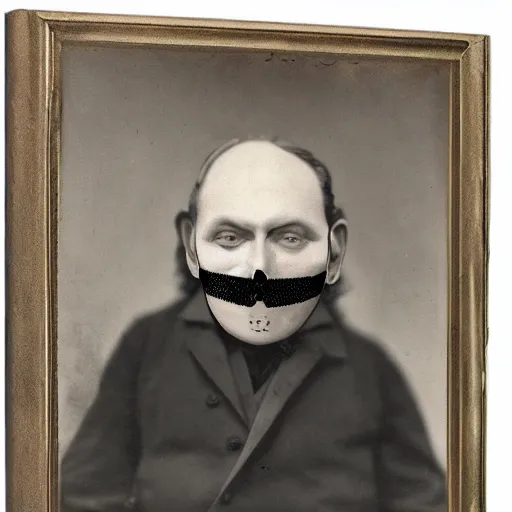 Image similar to photo portrait of 19 century metal fine detail engravings runes face mask cultist lord rich baron by Diane Arbus and Louis Daguerre