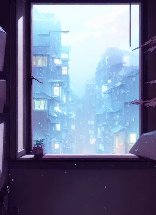 Image similar to [ background ] interior, near the window, rainy outside, illustration concept art anime key visual trending pixiv fanbox by wlop and greg rutkowski and makoto shinkai and studio ghibli