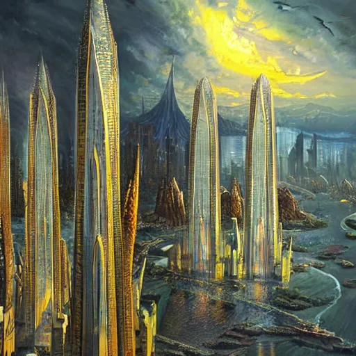 Prompt: soaring pearl towers on dark evil skyscraper stronghold, under outer world forrest, rivers and lakes, art by Dmitry Dubinsky