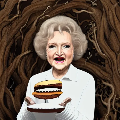 Prompt: betty white baking a cake horror atmospheric fog eldritch nightmare ancient forest vines