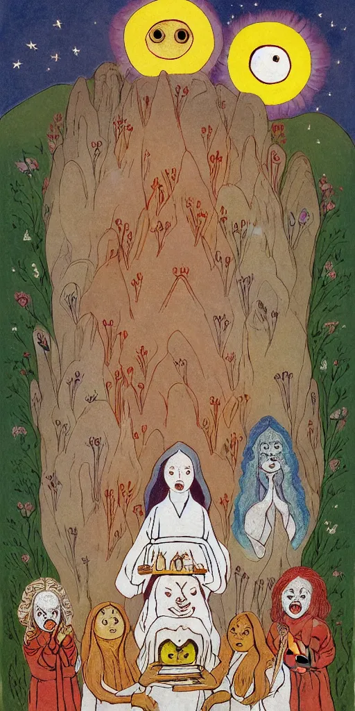 Prompt: small impish joyful creature in white robe with glowing eyes and sun ray flame hair holding lit matches and singing, three sisters visiting, The Queen in the Cave Children's book illustration, traditional folk art style, gouache on paper, outsider art, David Palladini, Mu Pan, Carson Ellis, Julia Sarda, tarot card, Henry Darger, Louis Wain, creepy, 8k, high resolution