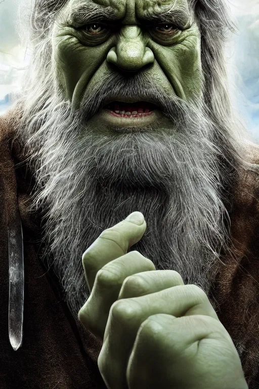 Prompt: the hulk starring as gandalf in lord of the rings, staff, white beard,, oil on canvas, intricate, 8 k highly professionally detailed, hdr, cgsociety