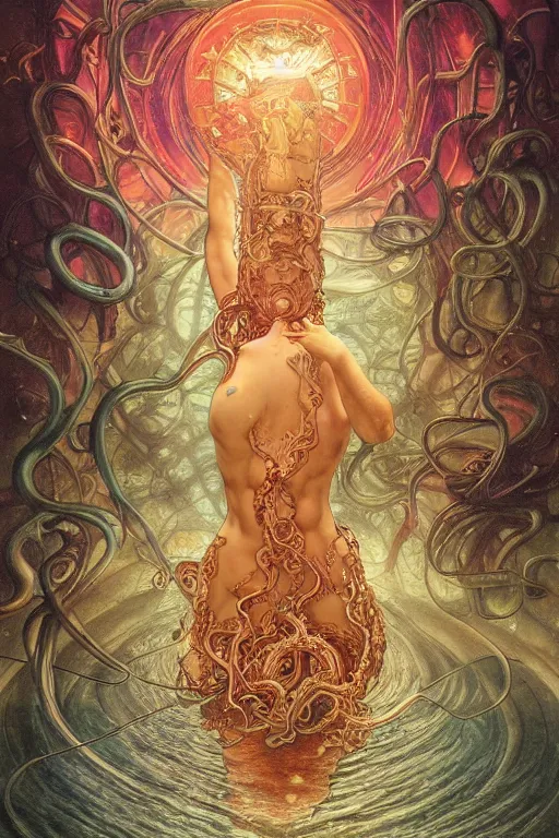 Image similar to swimming through time, inter dimensional clockwork, kowloon tentacles, by artgerm and yoshitaka amano and moebius and hr giger and zdislaw beksinski and alphonse mucha, hyperdetailed, glamour, surreal, dc comics, ornate, stunning, nebula, explosions in the sky, trending on artstation