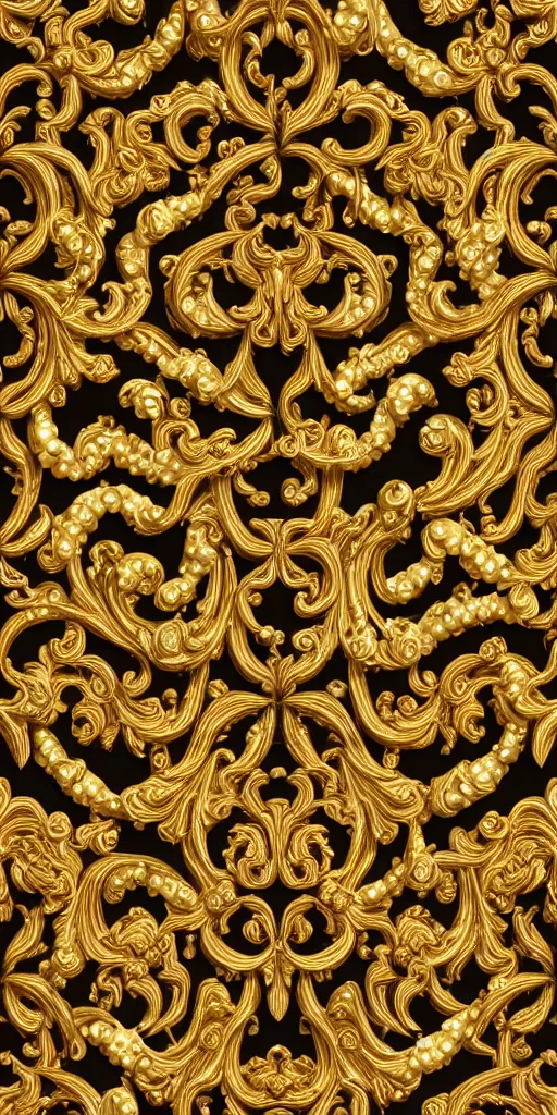 Image similar to seamless 3D baroque gold pattern, Beautiful dynamic shadows , gold and pearls, symmetrical, rococo elements, damask, Artstation, versace pattern, supersharp, no blur, sharp focus, insanely detailed and intricate, Octane render,8K