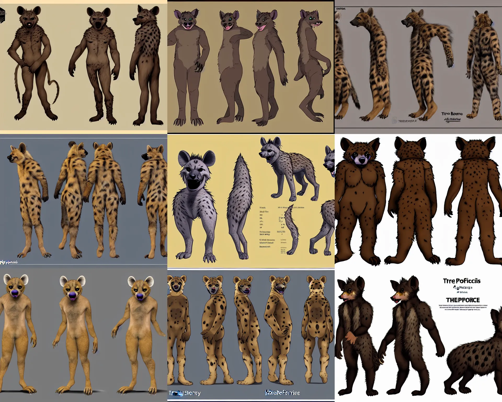 Image similar to three - perspective furry reference sheet ( front / back / side ), hyena fursona, high - resolution, trending on weasyl