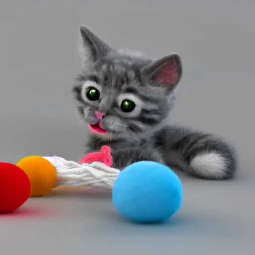 Image similar to claymation kitten playing with yarn detailed 4 k 3 d render