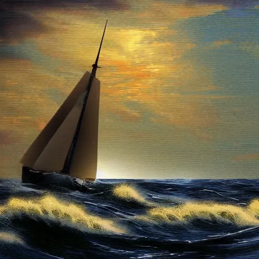 Prompt: sailing boat in storm, dramatic sunrise, huge waves, mosaic,