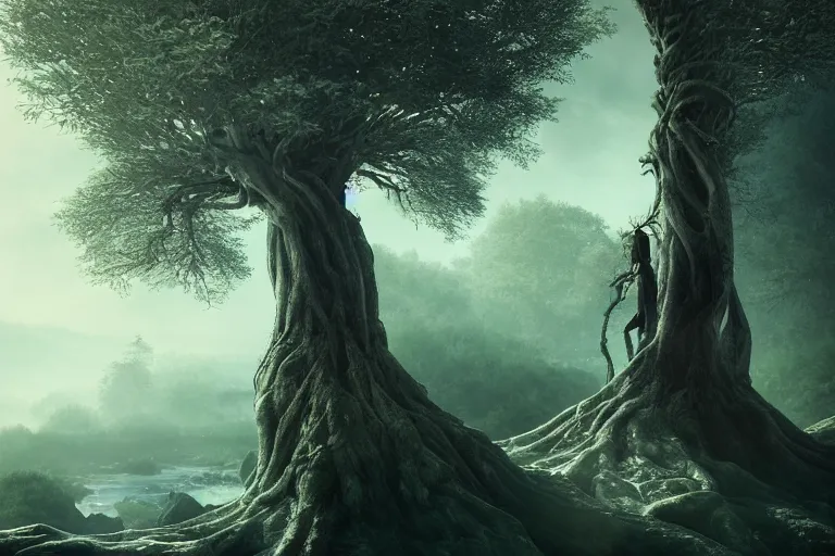 Image similar to an ultra realistic, cinematic headshot portrait, of an evil tree wizard, background of a vast serene landscape, with trees and rivers, detailed, deep focus, movie still, dramatic lighting, ray tracing, by michal karcz and yoshitaka amano