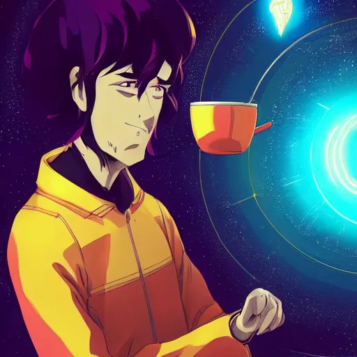 Prompt: A man drinking a cup of cosmic energy bright light, illustration, anime style, Artgerm, 4k, digital art, surreal, anime style, space dandy style, highly detailed, godsend, artstation, digital painting, concept art, smooth, sharp focus,