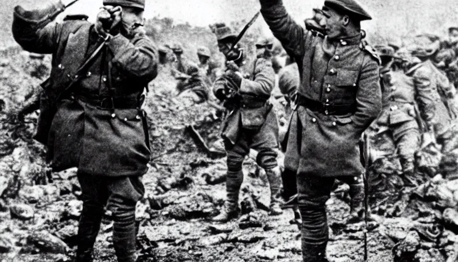 Prompt: french officer dabbing during the battle of verdun ( 1 9 1 6 ), historical photograph, highly detailed