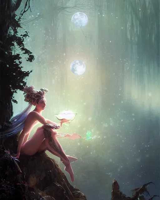 Image similar to a portrait of beautiful fairy goddness fly high in the night, d & d, fantasy, mist, full moon in background, trees, hyper detailed,, midium shot, an oil painting by ruan jia, trending on artstation, concept art, sharp focus, illustration, gaston bussiere, craig mullins, j. c. leyendecker, beautiful lighting