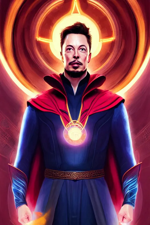 Image similar to elon musk as dr strange, realistic portrait, symmetrical, highly detailed, digital painting, artstation, concept art, smooth, sharp focus, illustration, cinematic lighting, art by artgerm and greg rutkowski and alphonse mucha