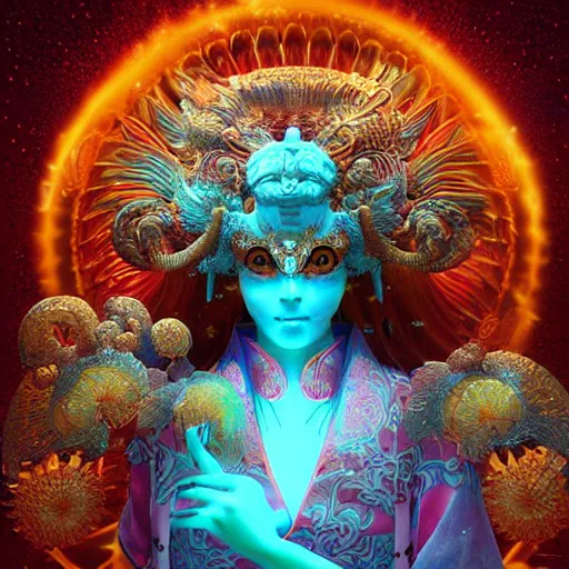 Image similar to 3 d goddess frontal view full body, astral projection, with ram golden skull. beautiful intricately detailed japanese fractal kitsune mask and clasical japanese kimono. betta fish, jellyfish fractal, bio luminescent, plasma, ice, water, wind, creature, indian temple, mandelbulb, fractal, artwork by tooth wu and wlop and beeple and greg rutkowski