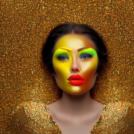 Prompt: Woman with colored face, standing in gold foil, her face in discs, she has a diamond eye, orange lips photorealism