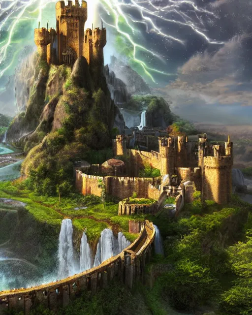 Image similar to a beautiful fantasy landscape of a large majestic medieval castle with lots of towers and huge walls on top of a lush cliff with a huge waterfalls in the middle, ruins of structures at the bottom, afternoon light streaking with god rays, ornate, detailed, octane render, 8k, trending on artstation deviantart google images, pinterest, canon 35mm lens
