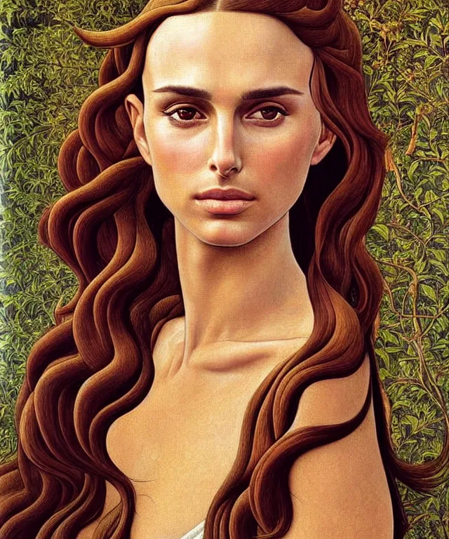 Prompt: Nathalie portman portrait by Sandro Botticelli and Moebius, 3/4 view, amber eyes, beautiful face, appealing long hair, fantasy, intricate, elegant, highly detailed, smooth, sharp focus, oil painted illustration by Sandro Botticelli and Moebius