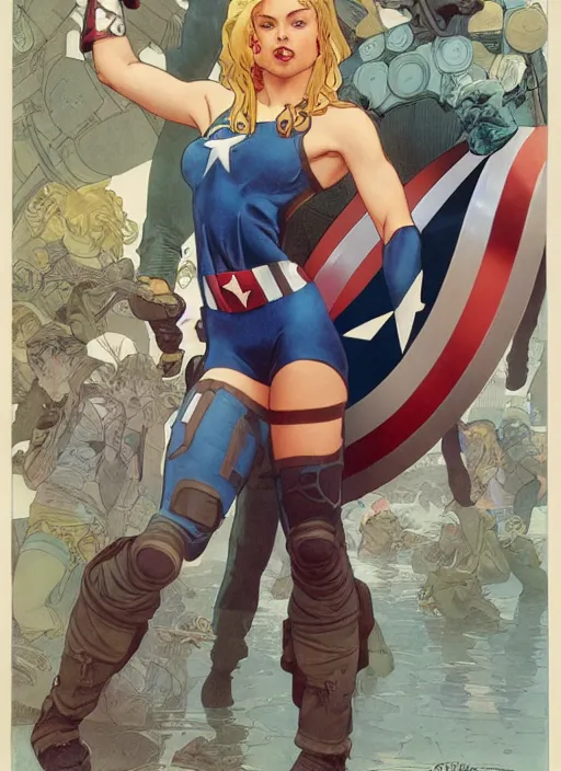 Image similar to toned young april with a mischievous face and extremely long blonde wavy hair dressed as superhero in her early twenties, posing with arms tucked behind back, captain america, tight fit, curvaceous, intricate detailed face, shiny, greg rutkowski, alphonse mucha