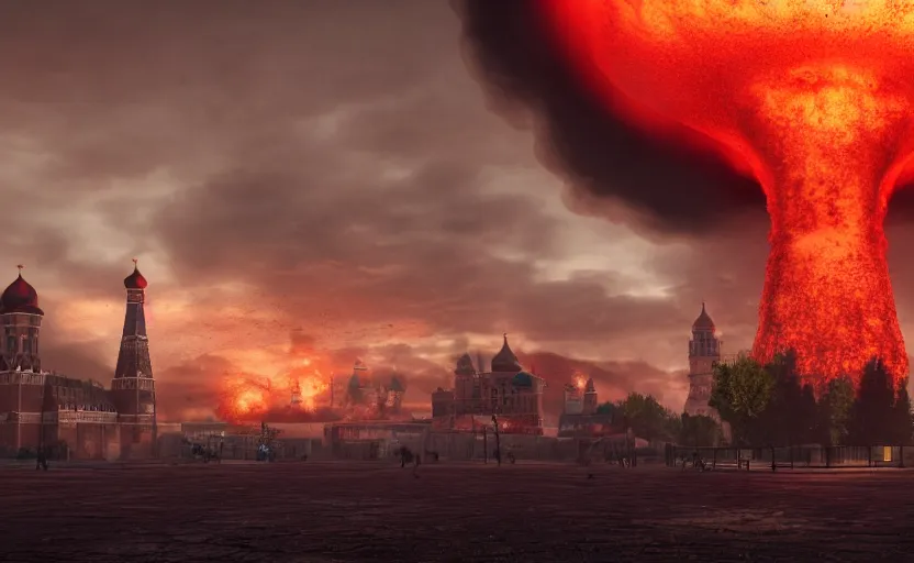 Image similar to ultra realistic wide shot of a big nuclear explosion with realistic nuclear mushroom in Red Square Kremlin, dark atmosphere, extremely high detail, photo realistic, cinematic lighting, post processed, artstation, matte painting, unreal engine 5, 8k