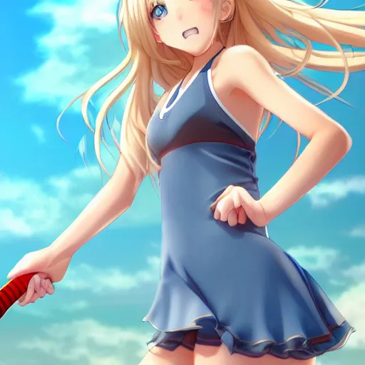 Image similar to a very beautiful young anime tennis girl, full body, long wavy blond hair, sky blue eyes, ( ( ( full round face ) ) ), short smile, bikini, miniskirt, front view, mid - shot, highly detailed, cinematic wallpaper by stanley artgerm lau