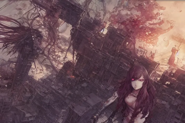 Image similar to goth woman in front of city, color page, tankoban, 4 k, tone mapping, akihiko yoshida, james jean andrei riabovitchev marc simonetti, yoshitaka amano, long hair, curly, h. hydrochaeri