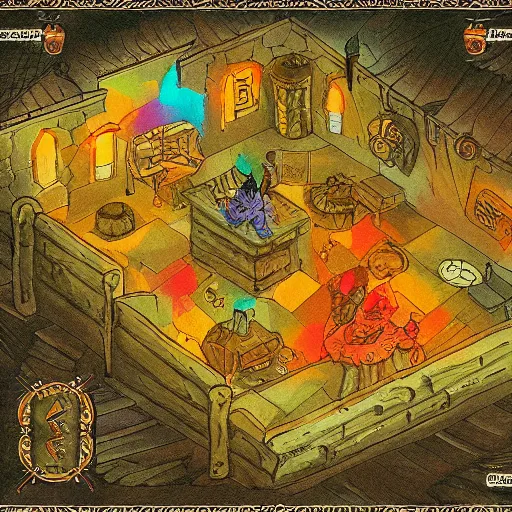 Prompt: tavern interior dungeons and dragons color map, gridless